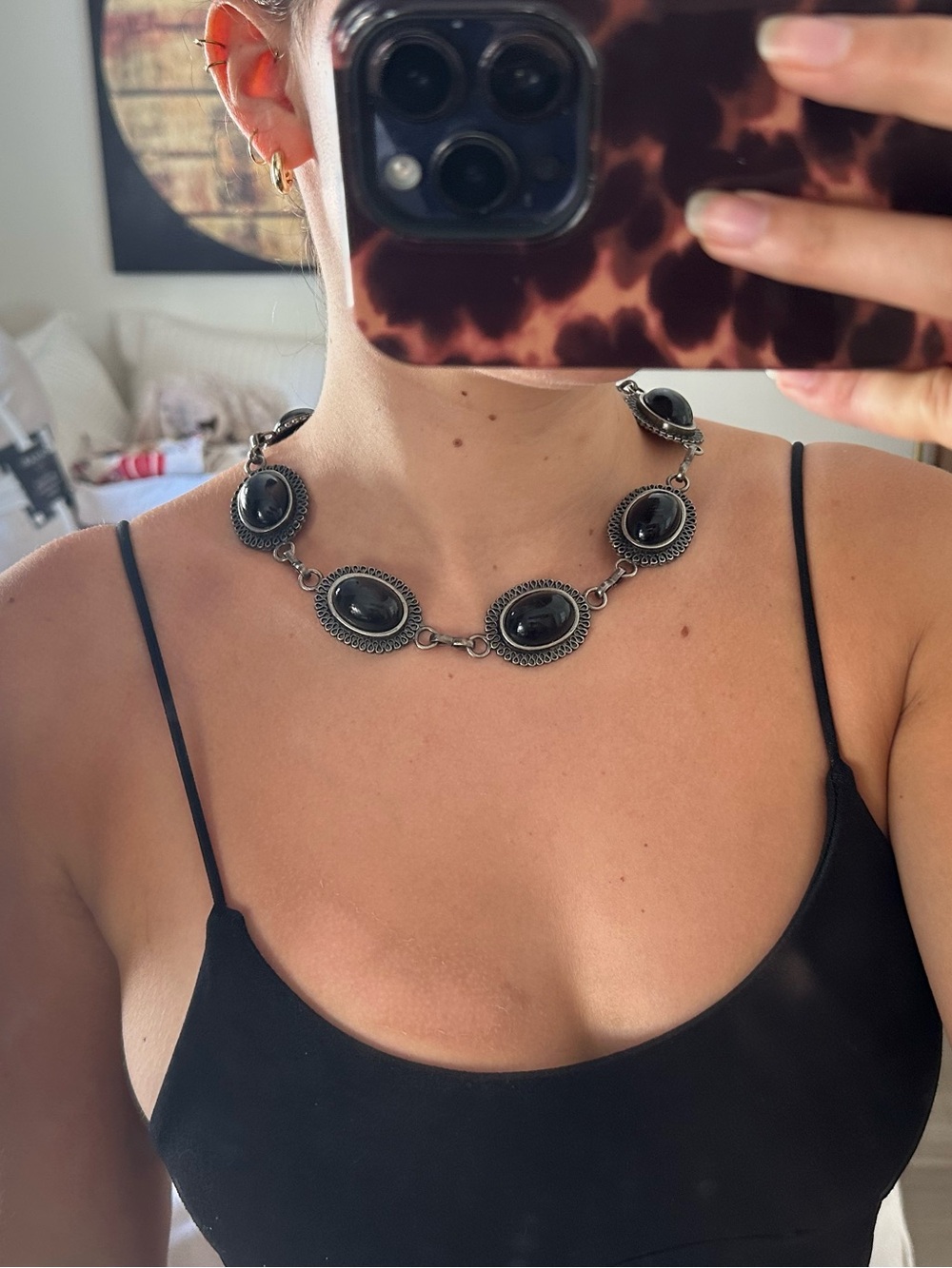 Vintage Black Oval Stone Chain Belt
